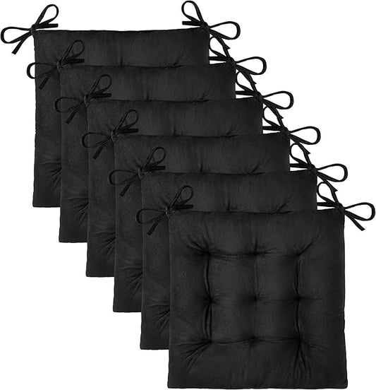 OVOV 6 Pack Chair Cushions for Dining Chairs Soft Seat Cushions for Kitchen Desk Chairs Square Chair Pads with Ties (15.5"x15.5" Black)