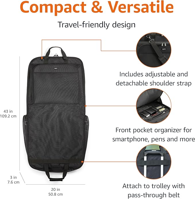 Amazon Basics 43" Travel Garment Bag Travel, Spacious Suit Bag with Detachable Shoulder Strap, Exterior/Interior Pockets, Leather-reinforced Corners, Trifold, Black