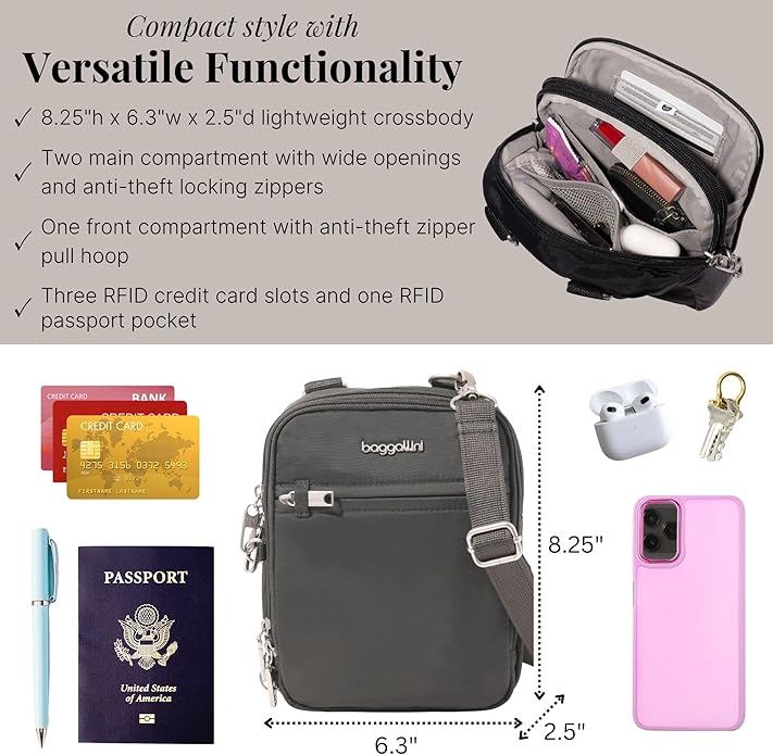 Baggallini Securtex® Anti-theft Mini Everything Crossbody Bag, 6.3"x8.25" Rfid, Locking Zippers & Cut-resistant Strap