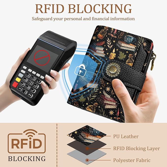 Icycay Book Witchy Wallet Women Small RFID Blocking Bifold, Credit Card Holder, Zipper Coin Pocket, PU Leather, Compact, Travel, 4 ID Window, 14 Card Slots, Cash Purse, Ladies Woman Female Girls