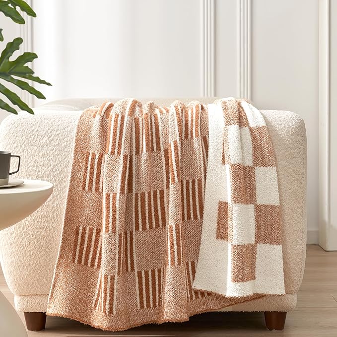 Snuggle Sac Checkered Orange Throw Blanket for Fall,Super Soft Reversible Cozy Warm Blanket for Couch Sofa Bedroom,Cute Lightweight Striped Throws for Women,Heather Orange,60x80 inches