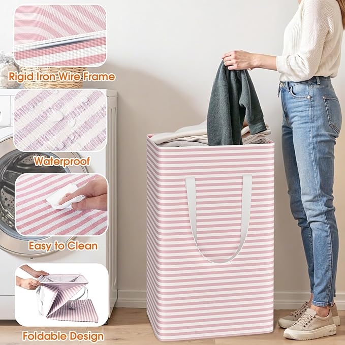 3 Pack Large Laundry Basket,Waterproof & Freestanding Laundry Hamper,Collapsible Clothes Hampers with Easy Carry Long & Reinforced Handles in Bathroom,College Dorm(125Lx3,Pink)