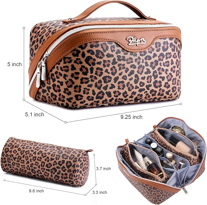 BOYATU Travel Makeup Bag for Women: 3 Pcs Set Portable Make up Bags with Handle - Leopard Print Cosmetic Bags with Comparments - Waterproof Vegan Leather Toiletry Bag (A-1-Brown)