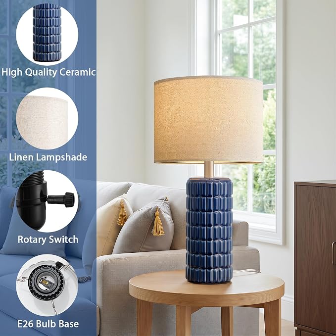 Seealle 23" Modern Ceramic Table Lamps Set of 2, Lamps for Bedroom, Blue | Lamps for Living Room, Bedroom, Bedside, Night Stands, End Table, Desk, Farmhouse Home Decor