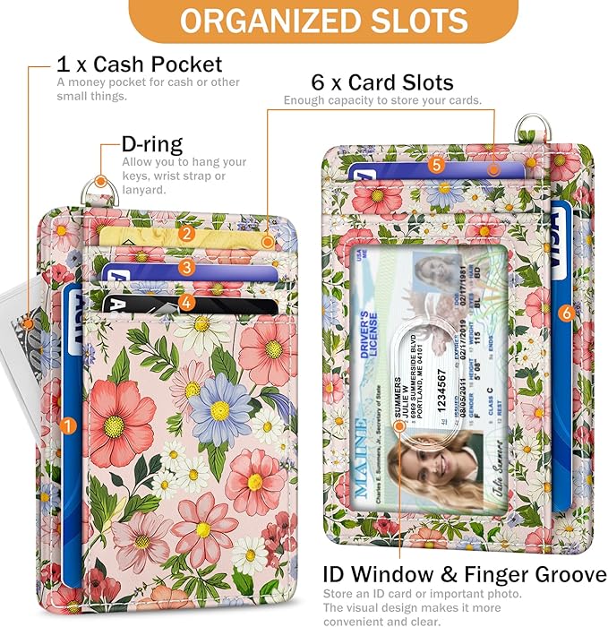 Yonlevres Credit Card Holder Slim Wallet, Floral RFID Wallet Women Front Pocket Small Card Holder, Travel Cute Thin with ID Window PU Leather RFID Blocking Case Organizer Gift Girls Ladies