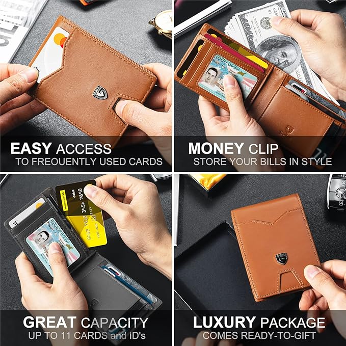 GSOIAX Slim Wallet for Men Rfid Blocking Leather Bifold Front Pocket Carbon Fiber Credit Card Holder Novelty Wallets With Gift Box (Brown and Grey)