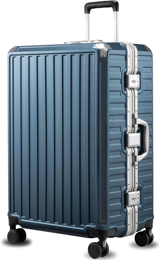 LUGGEX Checked Suitcase with Spinner Wheels, 8010S Aluminum Frame Zipperless Polycarbonate Hard Shell Suitcase (ZX-Core, Blue, 28 Inch)