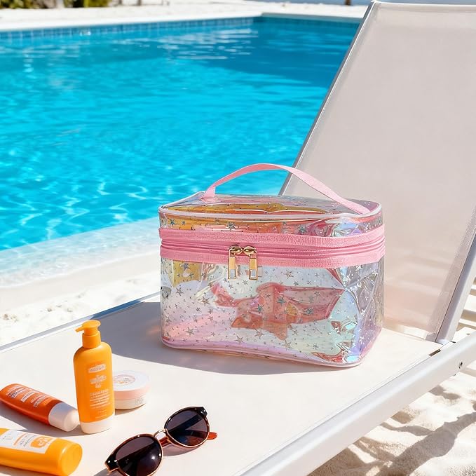 Waterproof Red Star Print PVC Makeup Bag with Handle - 8.66 * 5.51 * 5.51 inch Travel Cosmetic Organizer for Women Men Toiletry Pouch (Red Star-L)
