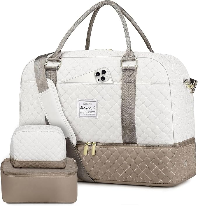 Weekender Travel Duffle Bag for Women: Overnight Bags with Shoe Compartment Carry on duffel Bag for Airplanes with 2 PCS Toiletry Bags Weekend Yoga Gym Hospital Bag with Wet Pocket Khaki