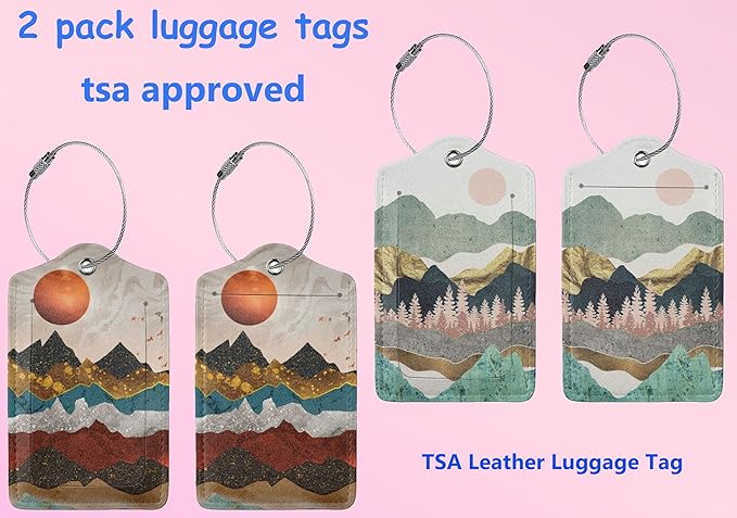 2P Sun Mountain Luggage Tags Privacy Cover ID Label with Stainless Steel Loop and Address Card for Travel Bag Suitcase Funny Cute Man Women Kids