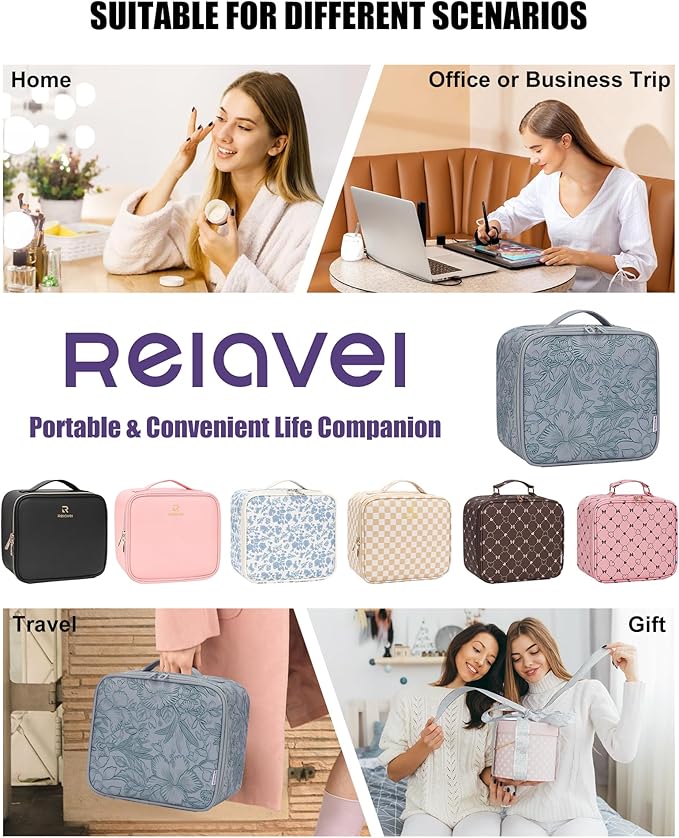 Relavel Travel Makeup Bag With LED Mirror for Women, Cosmetic Organizer Bag with Adjustable Brightness in 3 Color Scenarios, Detachable Dividers, Waterproof Train Case for Daily - Dark Blue FLowers