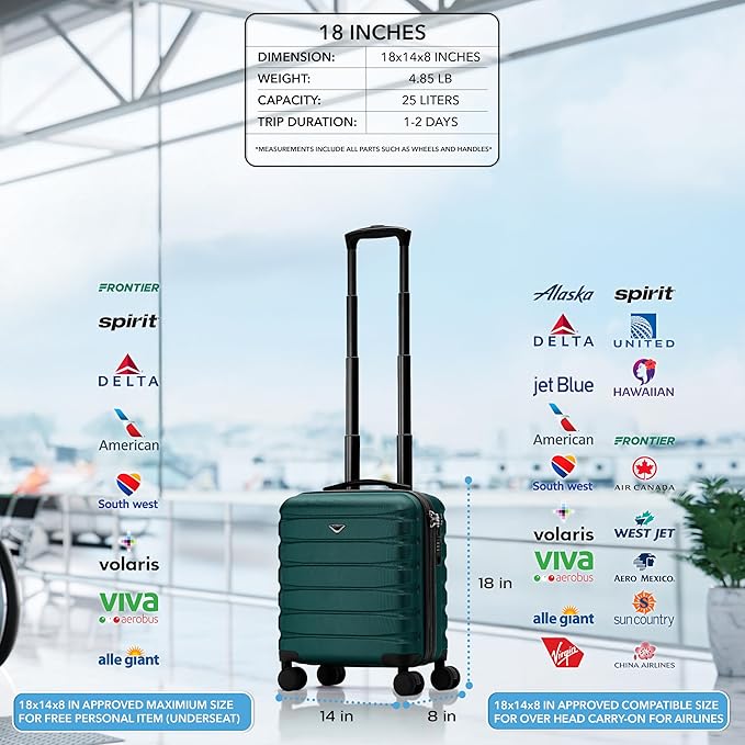 Flight Knight Carry On Suitcase 18x14x8" Hardside Built In TSA Lock & USB Port Lightweight Luggage Silent Double Spinner Wheels Maximum Underseat Carry-On Bag For American & United Approved Airlines