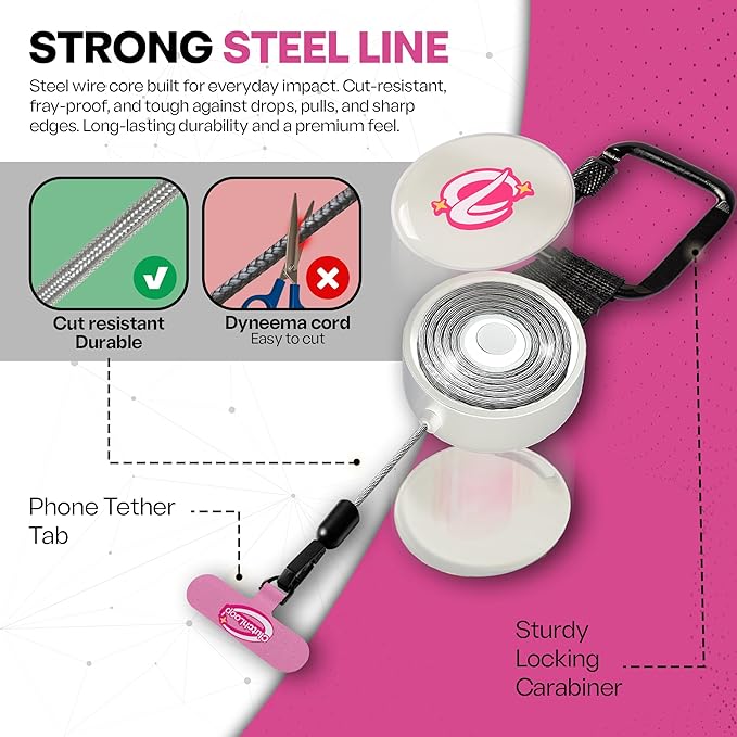 ClutchLoop Anti-Theft Phone Tether - Universal Adhesive Anchor, Retractable Steel Line and Locking Carabiner