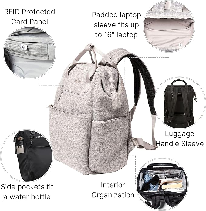 Baggallini Soho Backpack - Travel Laptop Backpack for Women - Lightweight Water-Resistant Luggage Bag, Heather Grey Neoprene