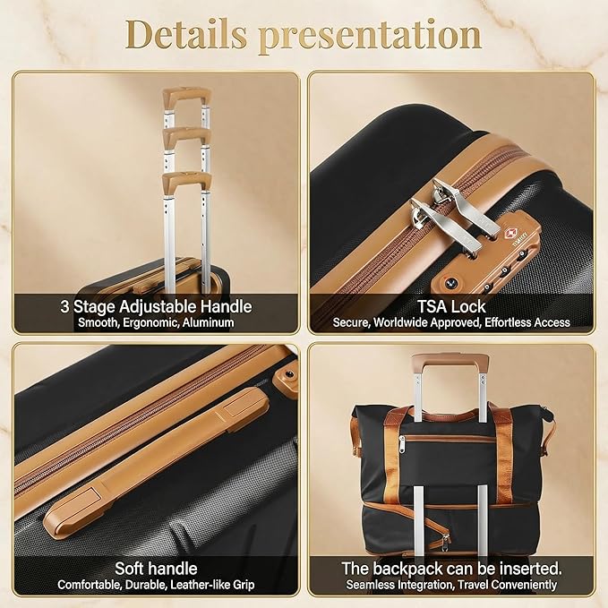 3-Piece Luggage Set with 20” Carry On,ABS Hardside Suitcase with Spinner Wheels & TSA Lock, Easy-Control Rolling Suitcase for Business Trips & Weekend Getaways (20/TB/DB Black)