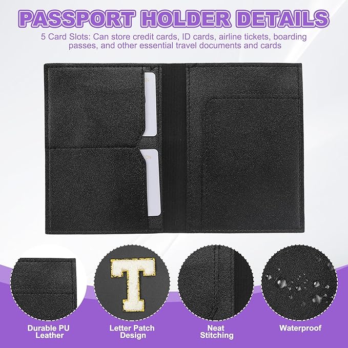 PATIKIL Passport Holder for Travel, Initial Passport Cover and Luggage Tag Set with Alphabet Chenille Letter Patch Travel Wallet Bag Suitcase Identifier for Women Family Travel Black T