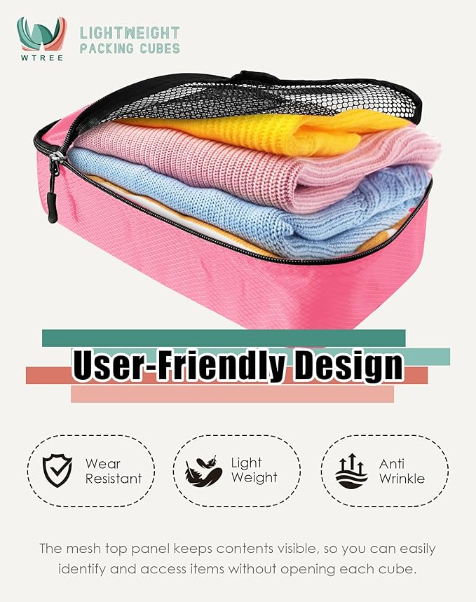 4-Piece Packing Cubes Travel Accessories Set for Suitcases - Luggage Organizer Bags with Double Zipper - Mesh Top - Medium - Pink