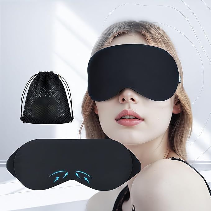 Cool-Touch Cotton Eye Sleep Mask for Men & Women, Soft & Breathable, Pressure-Free Design for Side Sleepers, Adjustable Light Blocking Mask for Sleeping, Travel & Naps (Black)