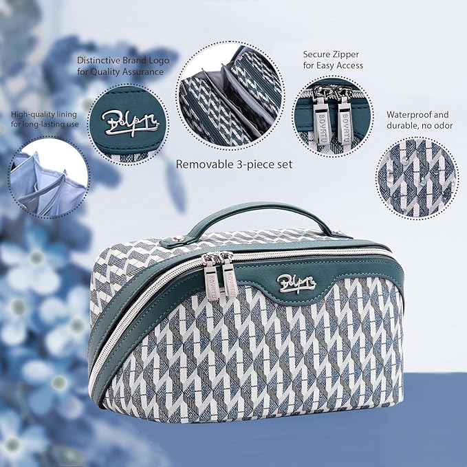 BOYATU Travel Makeup Bags for Women: Large Capacity Cosmetic Bag Set of 3 - Vegan Leather Make up Bags with Compartments - Wide Open Waterproof Toiletry Organizer Bag with Handle (P-01-Royal blue)