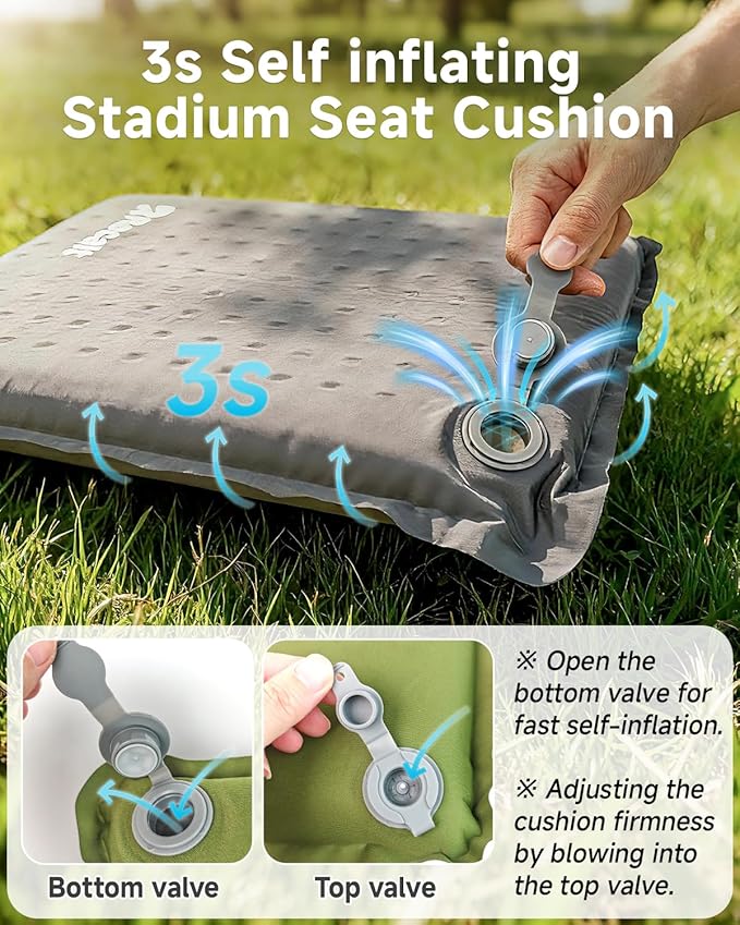 Rocalt Inflatable Seat Cushion, Self-Inflating Memory Foam Airplane Seats Cushion, Portable Air-Foam Stadium Cushion, Lightweight & Compact Bleacher Seat Cushion for Sports Events