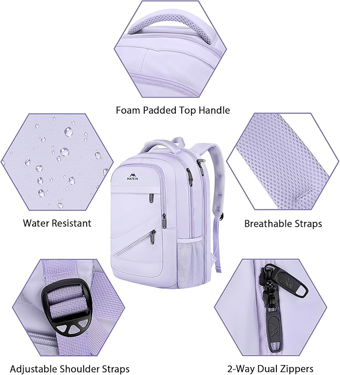 MATEIN Large 17 Inch Laptop Backpack for Women, Lightweight Travel Backpack Fits College School Essentials, Anti Theft Work Commute Nursing Computer Bag TSA Approved for Weekender Trip, Light Purple