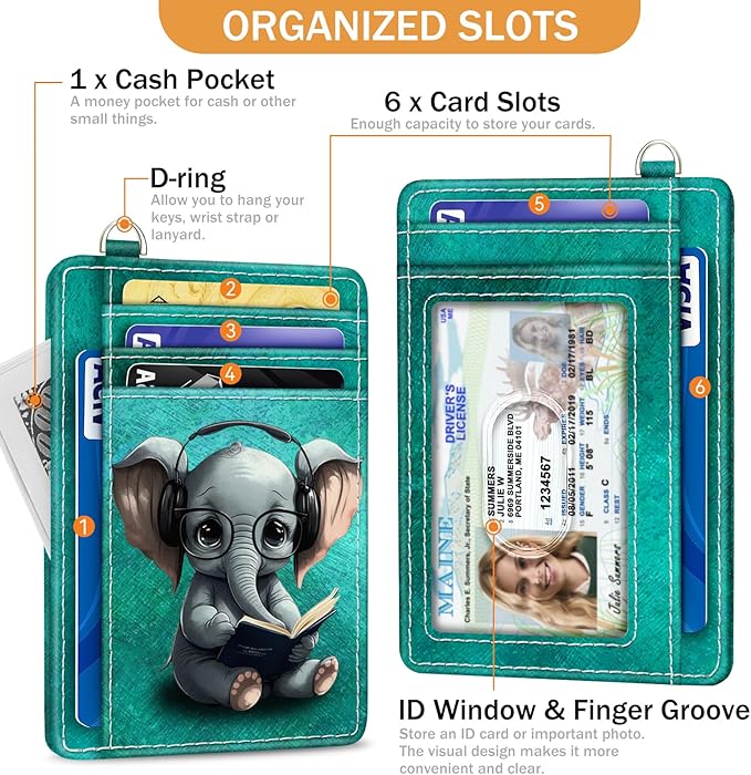 Yonlevres Credit Card Holder Slim Wallet, Elephant RFID Wallet Women Front Pocket Small Card Holder, Travel Cute Funny Thin Card Case ID Window PU Leather RFID Blocking Card Organizer Gift Girl Ladies