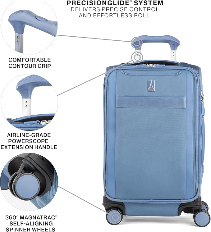 Travelpro VersaPack+ Lightweight Softside Expandable Carry on Luggage, 8 Spinner Suitcase, TSA Lock, Men and Women, Compact Carry On 20-Inch, Elemental Blue