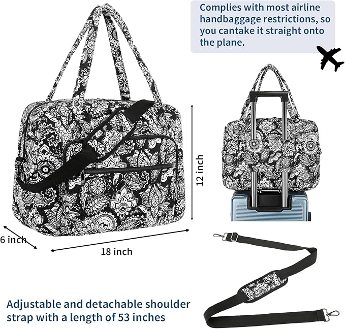 Searock Quilted Travel Duffle Bag, Weekender Overnight Bags for Women Travel, Carry On Duffel Bags for Airplanes Black