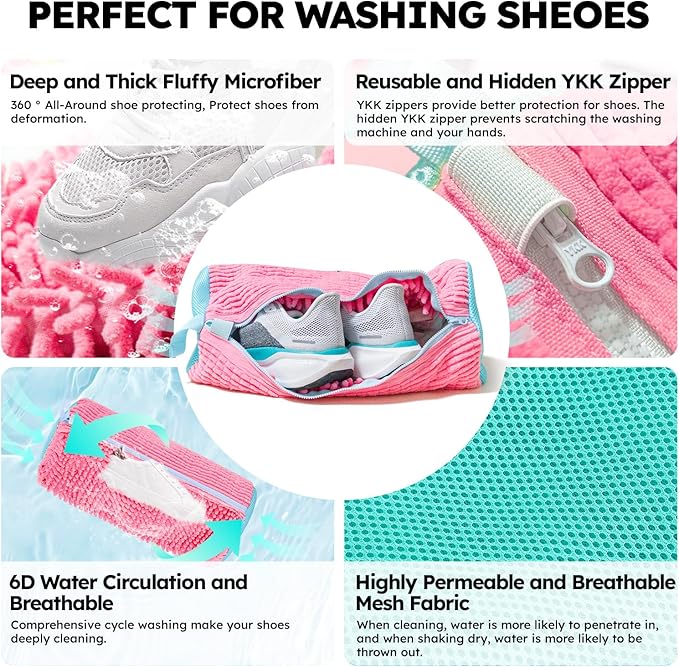 Shoe Washing Machine Bag: Shoe Washing Bag Keeps Clean - Reusable Laundry Shoe Bag for Sneaker Tennis Shoes Unstain Cleaner Kit(Pink 2 Pcs)