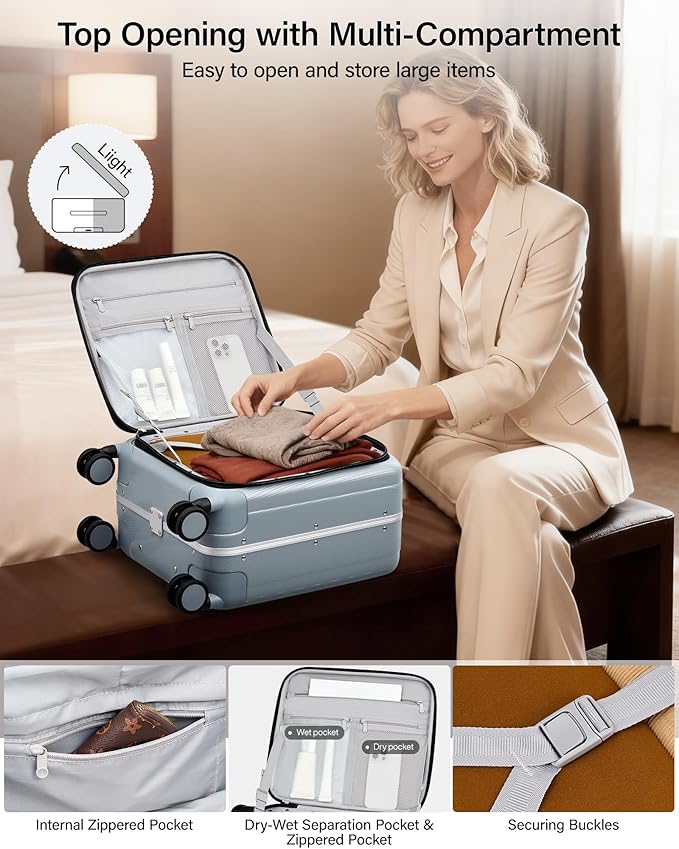 Hanke 16 Inch Underseat Carry On Suitcases with Wheels,Lightweight Hard Shell Carry on Luggage for Weekender,Top Opening Small Suitcase,Travel Luggage for Womem Men,Grey