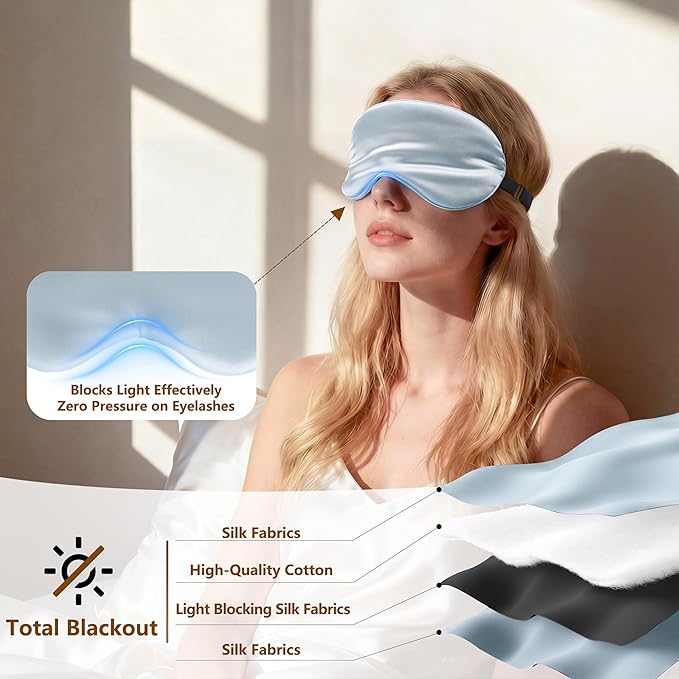 Sleep Mask Silk Eye Mask for Men Sleeping Mask, Adjustable Elastic Strap for Night Shading Sleep Mask, Soft and Comfortable for Both Men and Women (Light Blue)