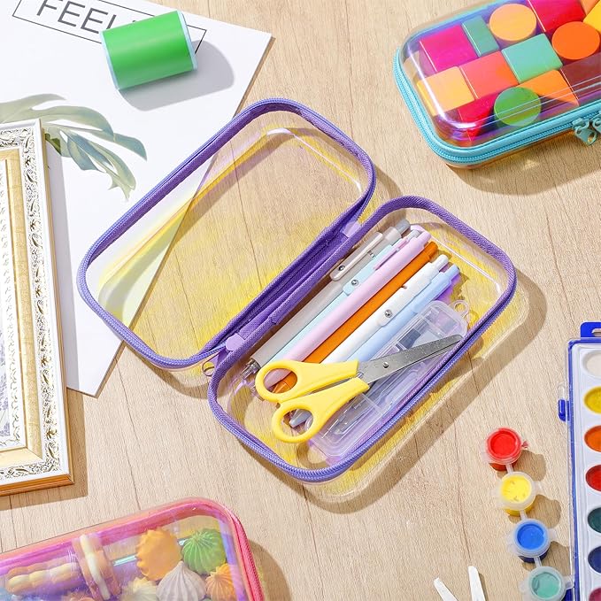 Sanwuta 6 Pcs Clear Hard Zipper Case Plastic Zipper Pouches Transparent Makeup Bag Pencil Case Pouches Toiletry Diaper Bag for Travel Toy Storage Organizer Bins(Holographic,7.48 x 3.94 x 2 Inch)
