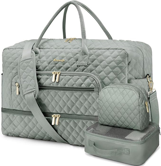 Large Women Travel Duffle Bag, Weekender Bags for Women with Shoe Compartment, Carry on Overnight Bag with Toiletry Bag, Gym Duffel Bag with Wet Pocket, Hospital Bags for Labor and Delivery 3 PCS Set