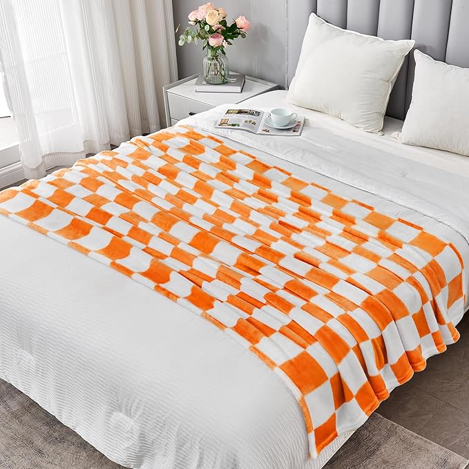 Orange Checkered Blanket, Soft Cozy Fleece Checkered Throw Blankets for Bed Sofa Couch Camping, Ultra Fluffy Throws for All Seasons, 60x80 Inch, Orange