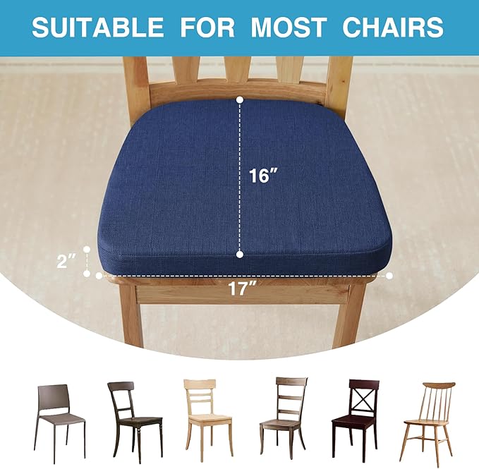 Chair Cushions for Dining Chairs Set of 4, Non Slip Kitchen Chair Pads, 17" x 16" x 2", Indoor Dining Chair Cushions with Ties, D-Shaped Seat Cushions for Kitchen Chairs, Navy Blue