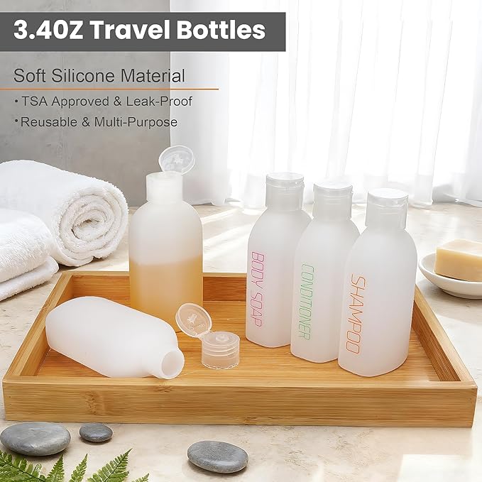 Cosywell 5 Pack 3.4oz Travel Bottles for Toiletries Pre-Printed Shampoo Conditioner & Body Soap Soft Touch HDPE Travel Size Containers TSA Approved Leak Proof Squeezable Toiletry Bottle(White)