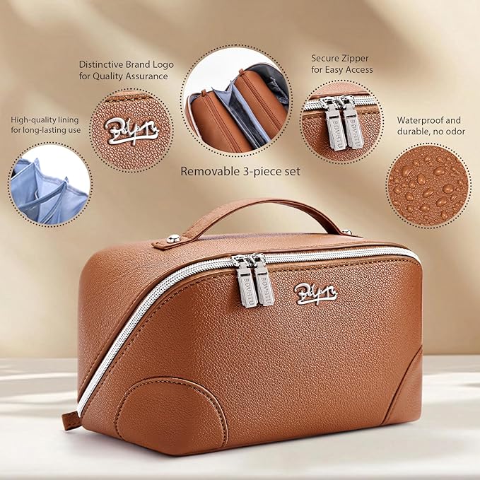 BOYATU Travel Makeup Bag Cosmetic Bags for Women: 3 Pcs Set Large Capacity Make up Bag with Handle - Waterproof Vegan Leather Toiletry Bags Travel Essentials with Compartments(C-1-Brown)