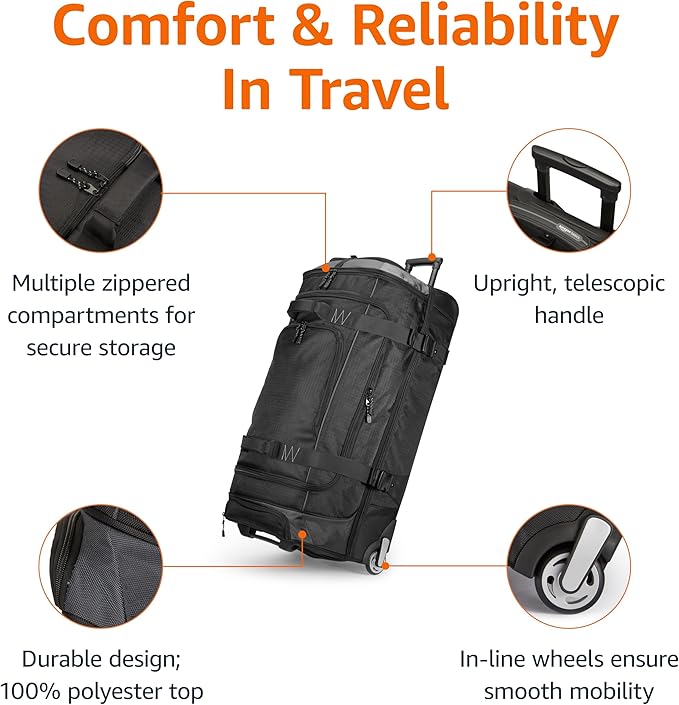 Amazon Basics 35-inch Large Rolling Duffel Bag with Wheels and Handle, Travel Duffle with Durable Ripstop Polyester Material, 2 Layers of Storage Space, Multiple Interior and Exterior Pockets, Black