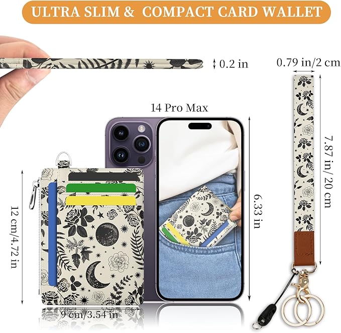 Hancynir Goth Moon Floral Slim Wallet Women Credit Card Holder, RFID Blocking Front Pocket Wallet Wristlet Keychain Lanyard, Small Cute Mini Card Case, Thin Travel Zipper Coin PU Leather Ladies Gifts