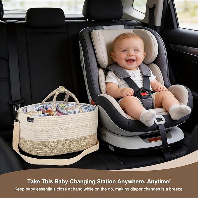 Baby Diaper Caddy Organizer, X-Large, 5 Grids, 8 Pockets, Shoulder Strap Portable Nursery Storage Basket with 2 Changeable Compartments, 100% Cotton Woven Rope Bins, Newborn Gift