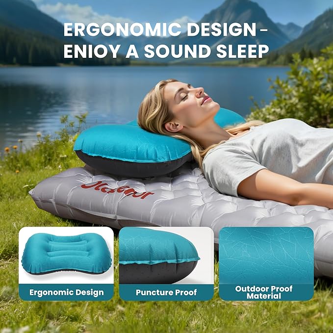 Ultralight Inflatable Camping Pillow, Compressible, Compact, Comfortable, Ergonomic Inflating Pillows, Portable Travel Air Pillow for Outdoor Camp, Hiking, Backpacking & Airplane Travel