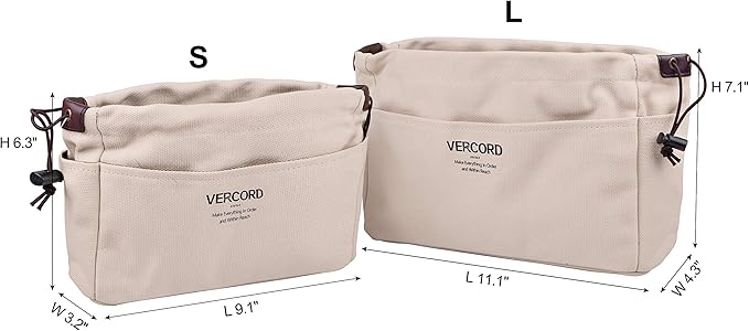 Vercord Canvas Handbag Organizers, Sturdy Purse Insert Organizer Bag in Bag, 10 Pockets Beige Small