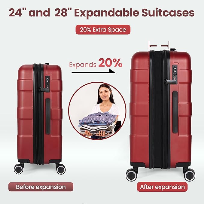 Luggage Sets 3 Piece with Spinner Wheel, Hardside Suitcase Set with TSA Lock, Expandable Lightweight Travel Luggage for Women, Burgundy