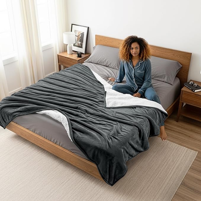 Utopia Bedding Sherpa Blanket Queen Size (Grey, 90x90 Inches) - Soft Warm Plush Fleece Reversible Blanket for Bed, Sofa, Couch, Camping and Travel
