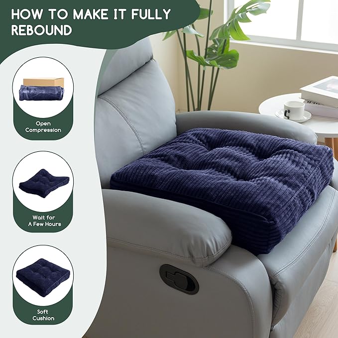 HIGOGOGO Tufted Corduroy Recliner Seat Cushion for Elderly, High Density Foam Large Square Seat Cushion for Recliner Chair, Floor Pillow, Office Chair, Car, No Pressure on Thighs, 20x20x4, Navy