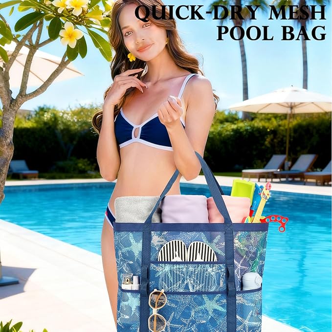 Fammart Mesh Beach Bag, Large Beach Tote with Zipper Pocket, Toys Pool Bag for Family Travel Vacation Cruise Essentials
