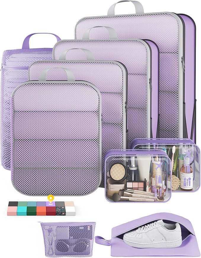 Veken 9/11 Set Compression Packing Cubes for Travel Essentials,Compressible Expandable Large Luggage Suitcase Organizer Bags for Clothing,Durable Space Saver Storage Bags(Light Purple)