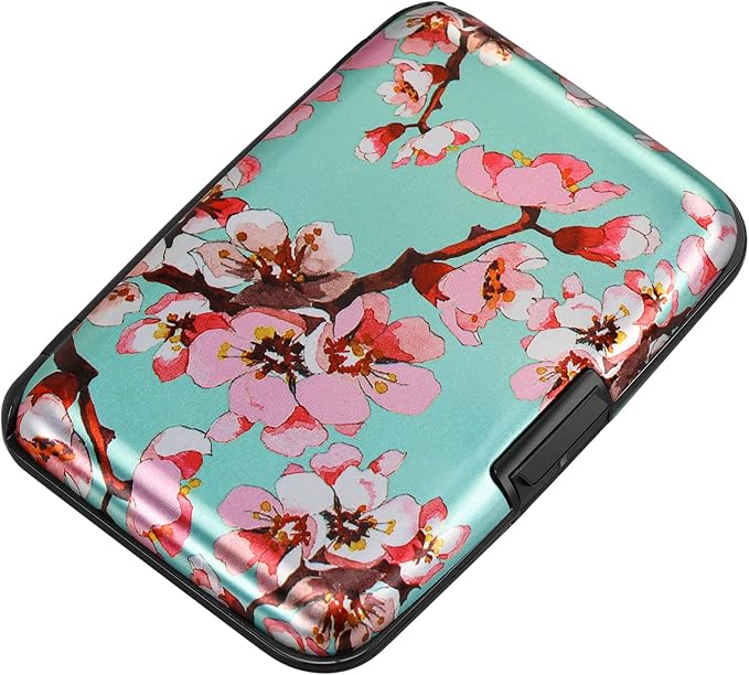 ELFISH Mini RFID Aluminum Wallet Credit Cards Holder Business Card Case Metal ID Case for Men Women（Pink Peach Blossom