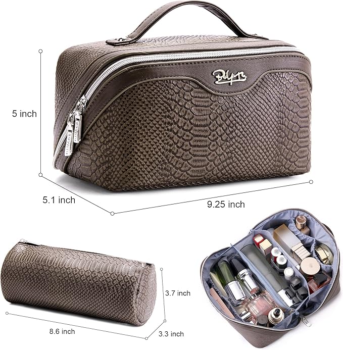 BOYATU Travel Makeup Bags for Women: 3 Pcs Set Wide Open Cosmetic Bag - Portable Make up Bags with Handle - Vegan Leather Toiletry Organizer Bag with Divider (G-03-Coffee)
