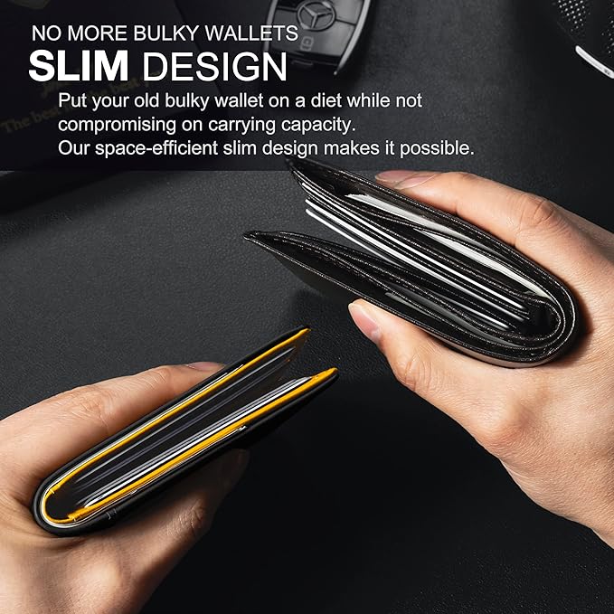 GSOIAX Slim Wallet for Men Rfid Blocking Leather Bifold Front Pocket Carbon Fiber Credit Card Holder Novelty Wallets With Gift Box (Yellow and Carbon Black)